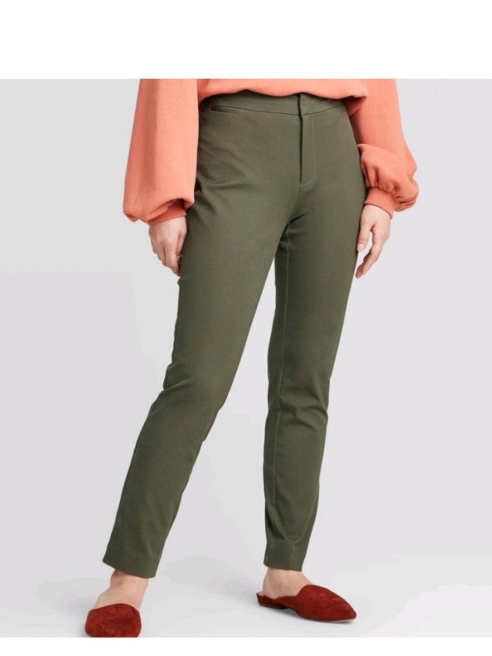 Olive High Rise Skinny Bi-stretch Ankle Pants Minimalist Office Capsule Neutral